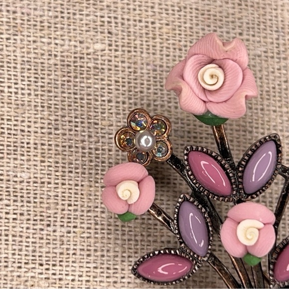 VINTAGE POTTED PLANT FLORAL BROOCH ENAMEL PORCELAIN ROSE PINK FUCHSIA - Picture 3 of 8